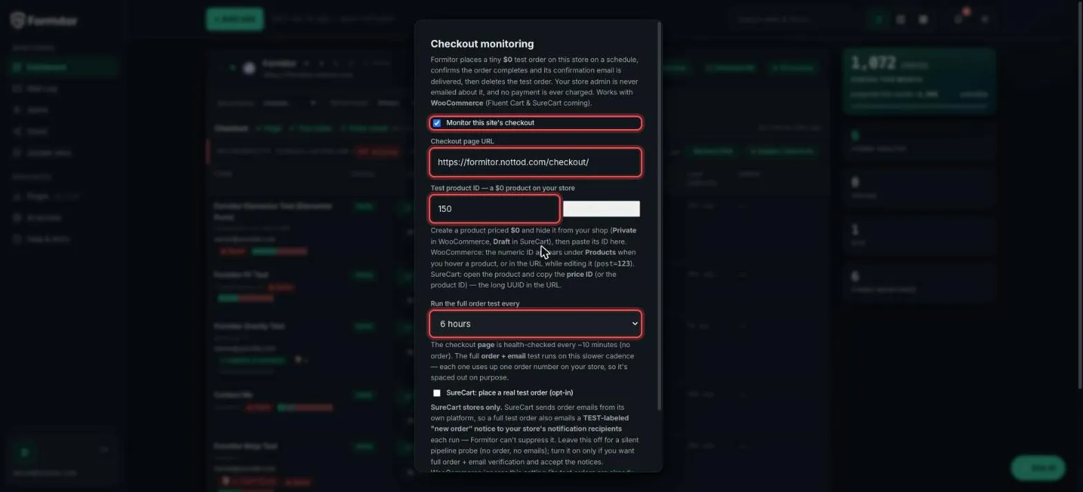 Checkout monitoring modal with the key fields highlighted