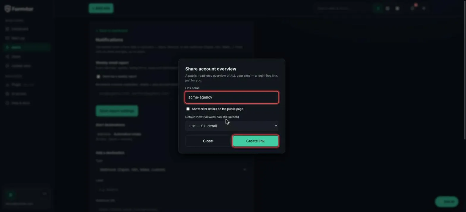 Share modal with link name and Create link highlighted