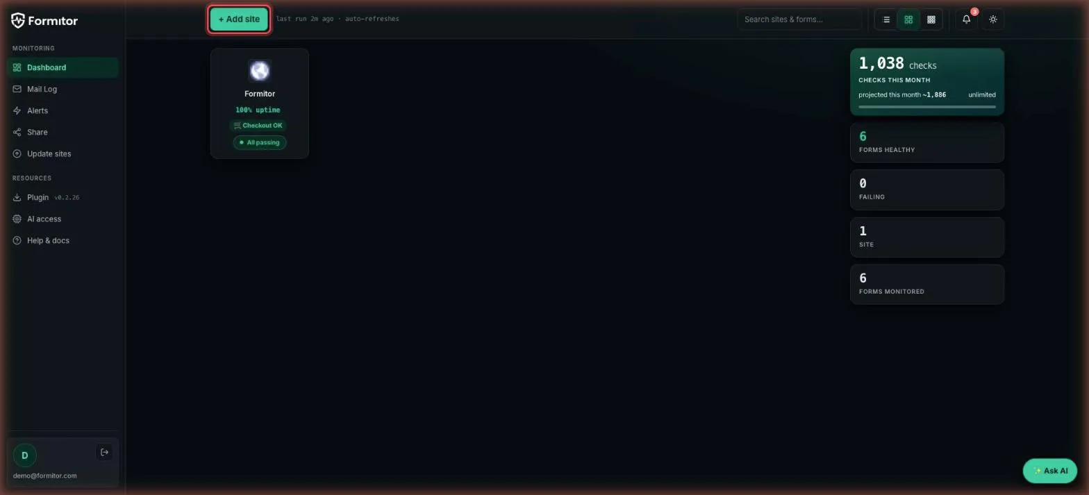 Add site button in the Formitor dashboard