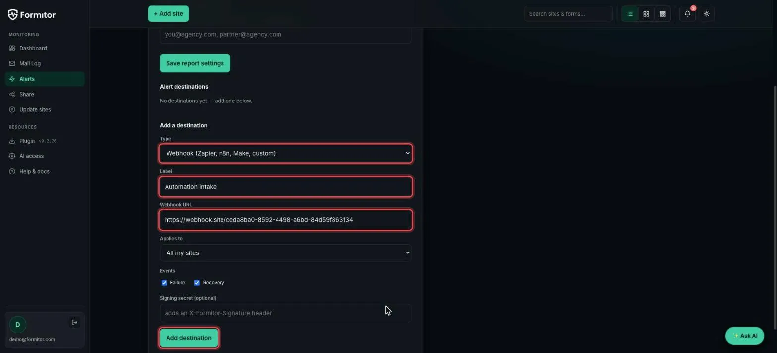 Destination form with type, label and webhook URL highlighted
