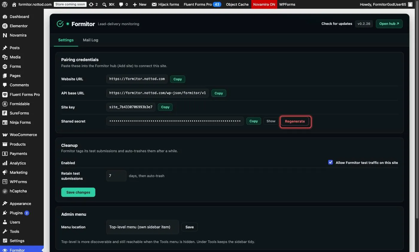 Regenerate button on the plugin settings page