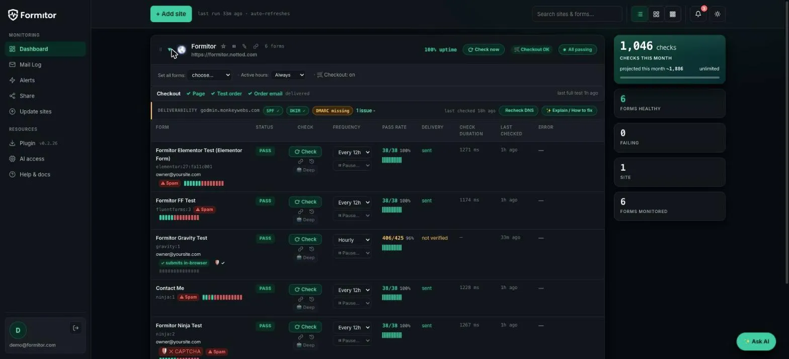 Expanded site showing the full form list