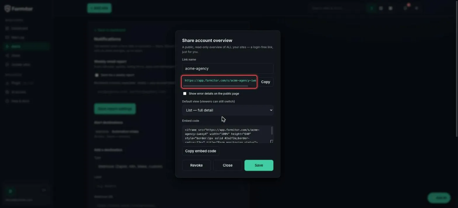 Created link with URL and embed code