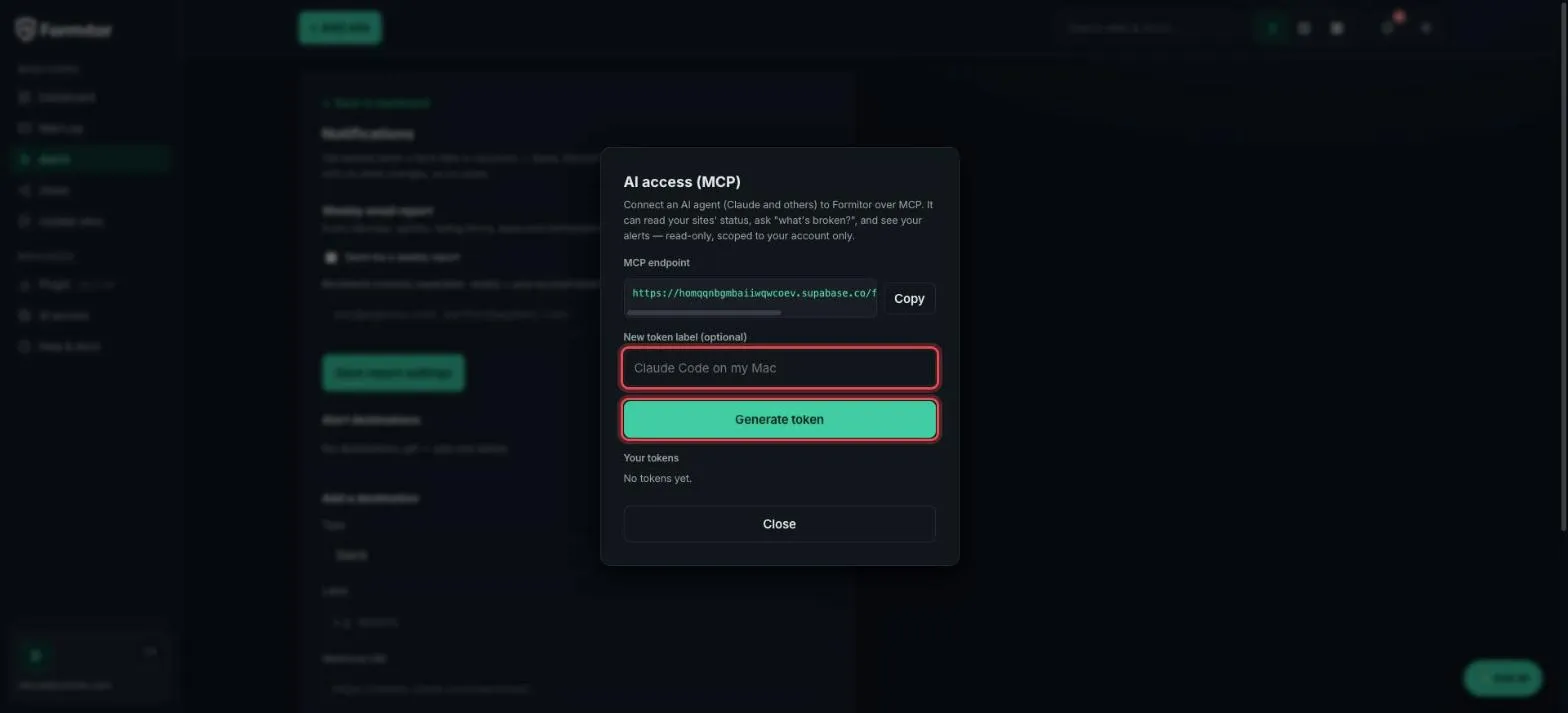 AI access modal with label field and Generate token highlighted