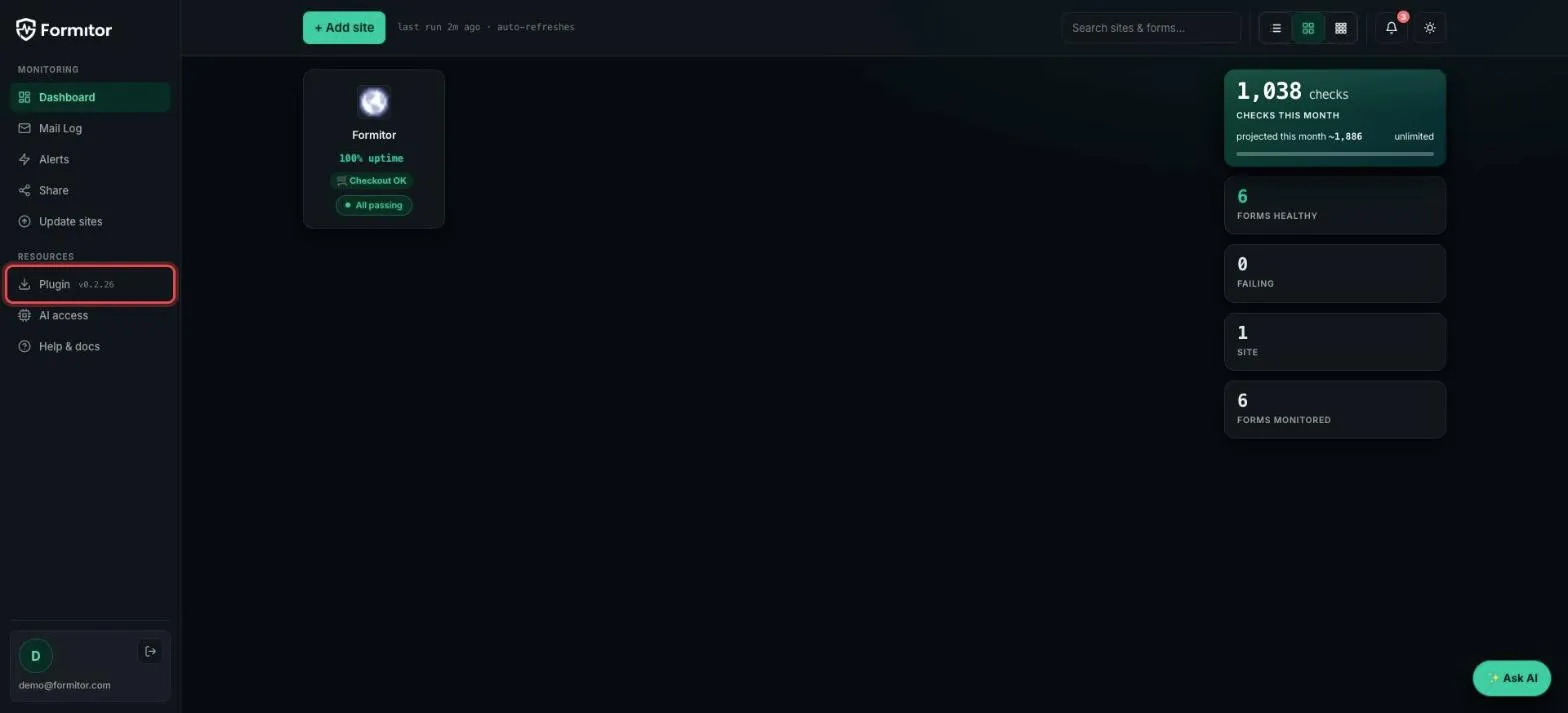 Download the Formitor plugin from the dashboard sidebar