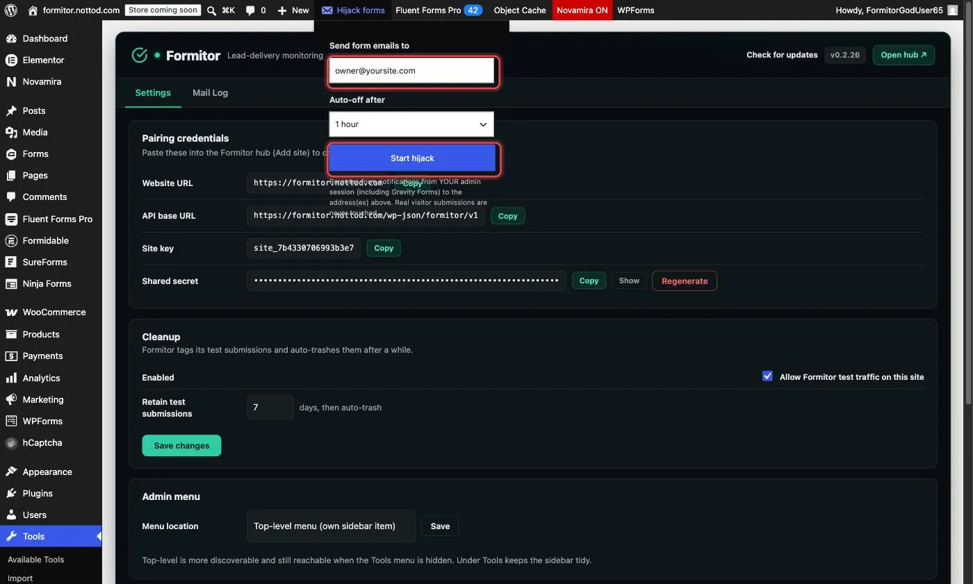Hijack dropdown with recipient and Start hijack highlighted