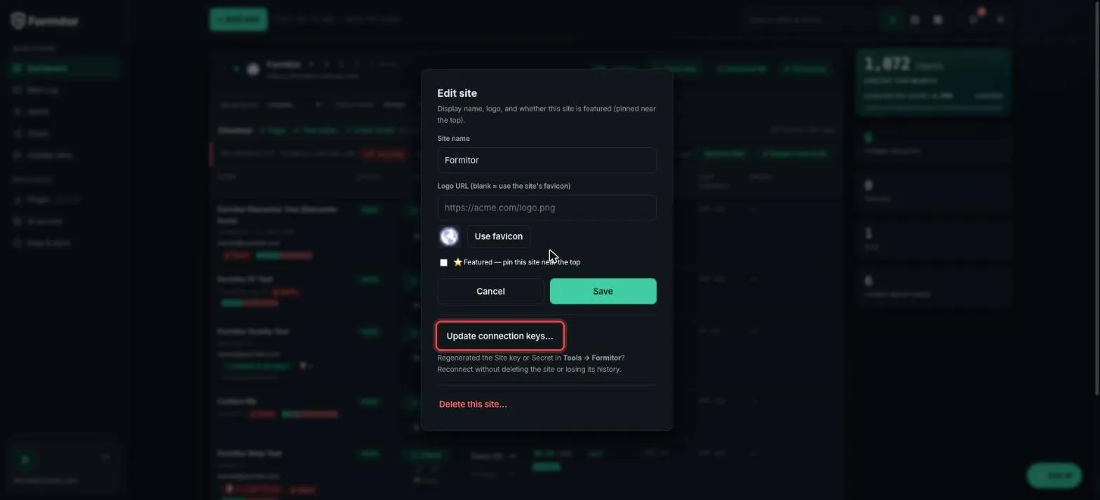 Edit site modal with Update connection keys highlighted