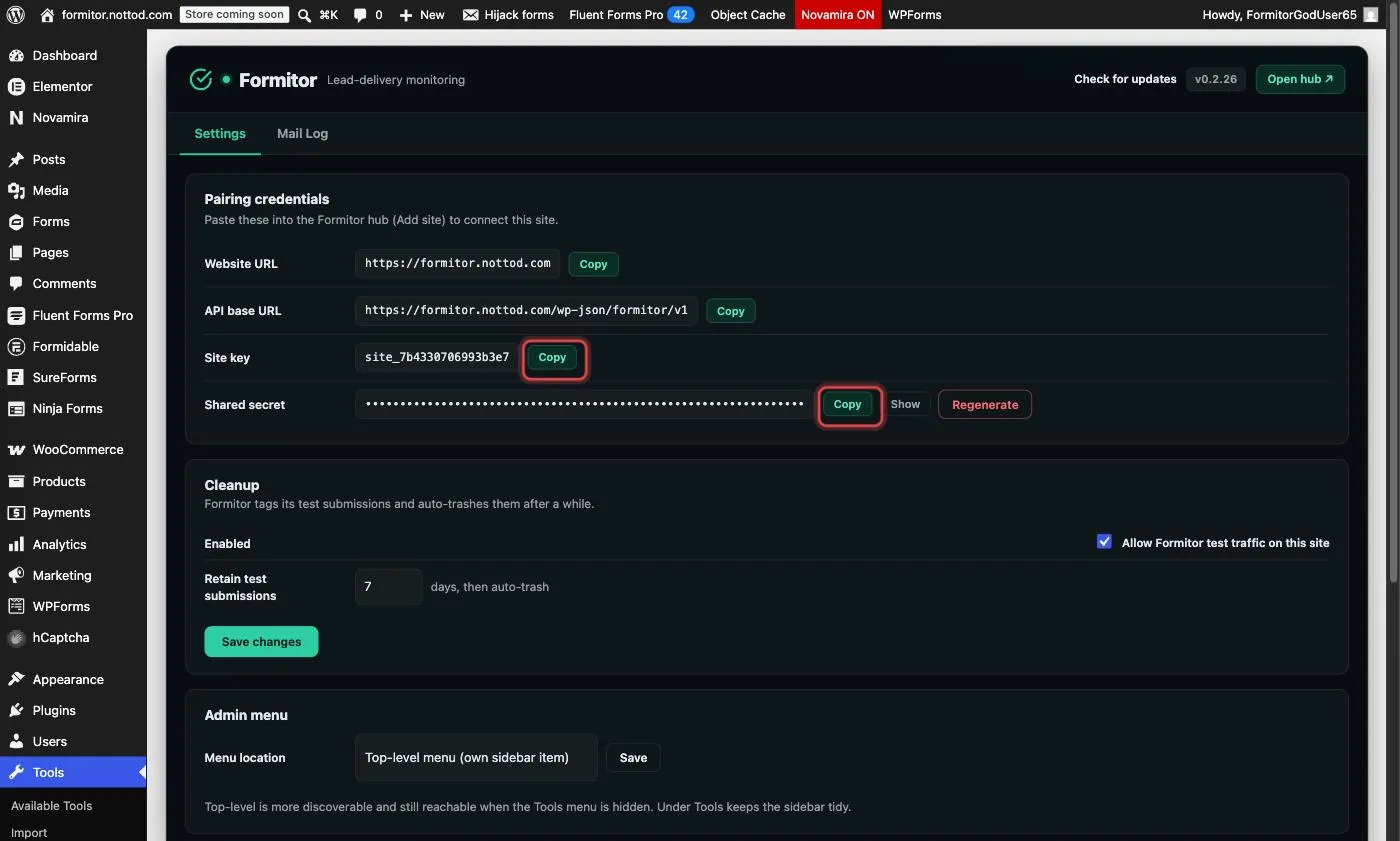 Copy the site key and shared secret from Tools, Formitor