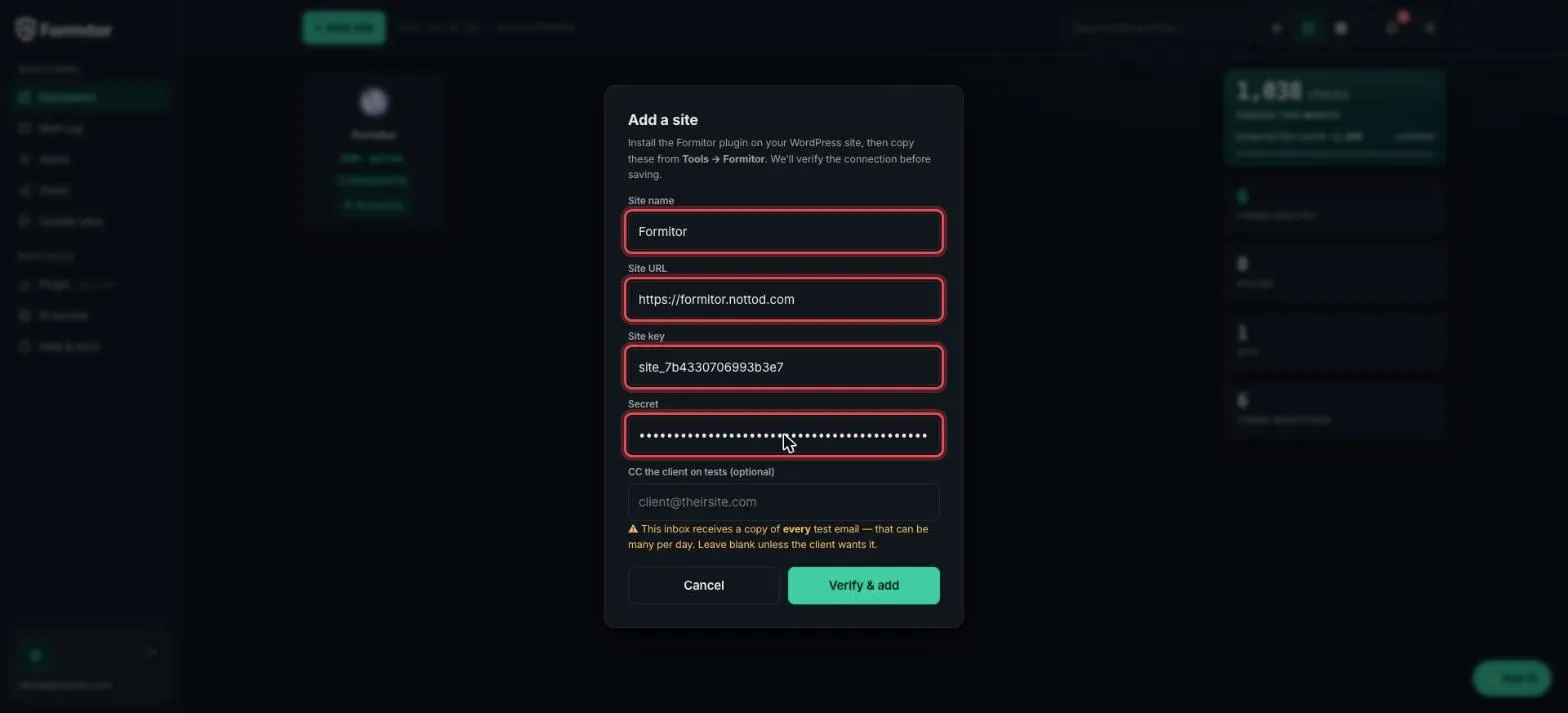 Add a site form filled in