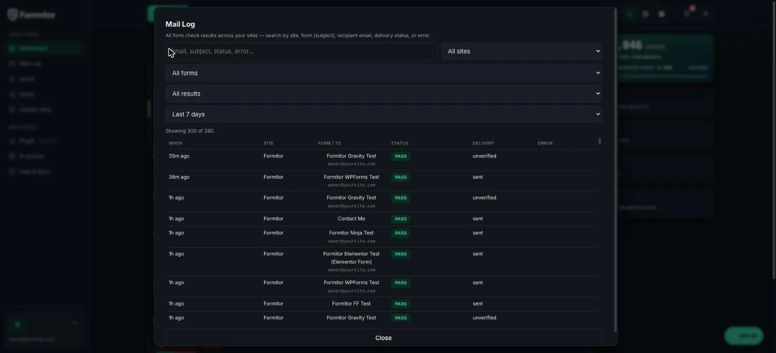 Mail log with all check results