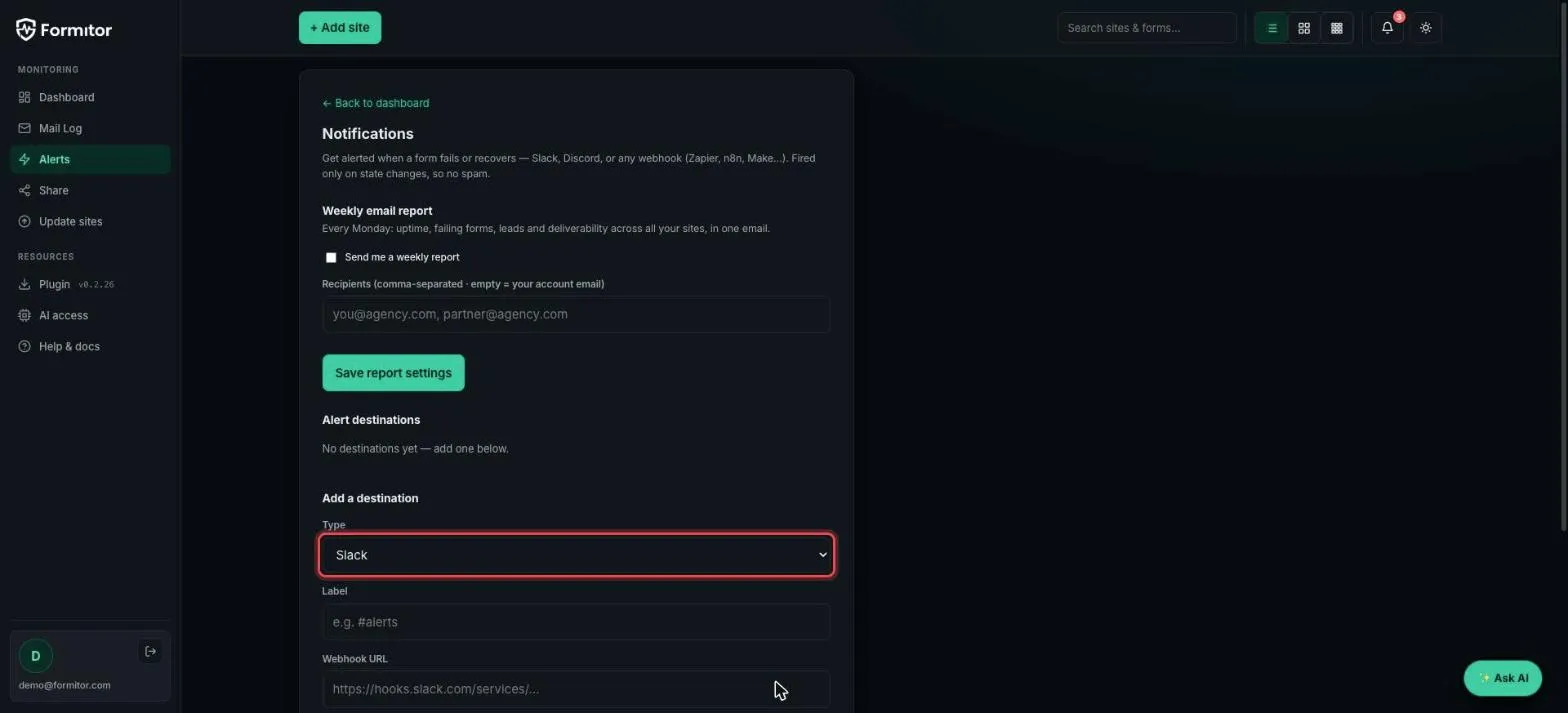 Alert destination type selector